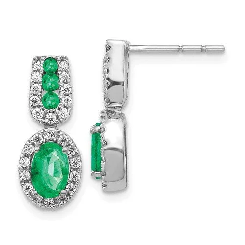 Geometric Drop Earrings-Silver Earrings for Party-14KT WHITE GOLD .92 CTW EMERALD & .30 CTW DIAMOND HALO DROP EARRINGS