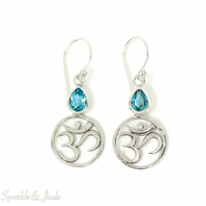 Double Hoop Earrings-Silver Drop Earrings-Sterling Silver Blue Topaz Pear Om Symbol Dangle Earring