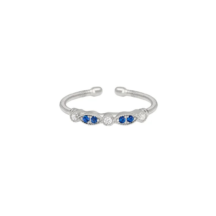 CustomRings-Rhodium Finish Sterling Silver Cable Cuff Ring with Simulated Blue Sapphire and Simulated Diamond Marquis & Round Design