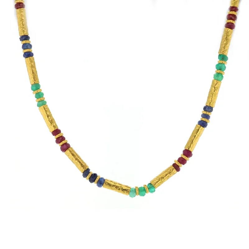 Simple Gold Chains for Men-17" 24K Ruby, Sapphire & Emerald Necklace