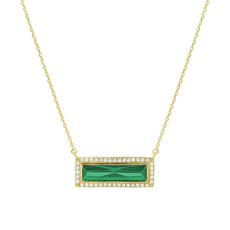 Turquoise Bead Necklaces-Gold Finish Sterling Silver Necklace with Rectangular Simulated Emerald Stone and Simulated Diamonds on 16" - 18" Chain