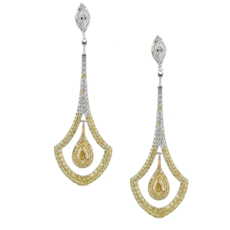 Vintage Drop Earrings-Geometric Dangle Earrings-18KT WHITE GOLD 4.52 CTW WHITE & FANCY YELLOW DIAMOND DROP EARRINGS