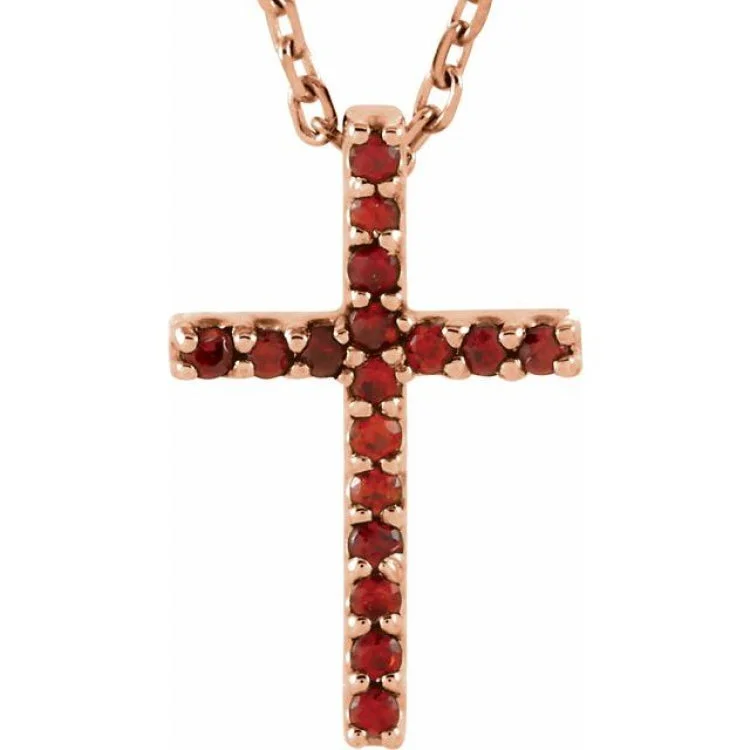 Vintage Gold Necklaces for Sale-14K Rose Natural Mozambique Garnet Petite Cross 16" Necklace