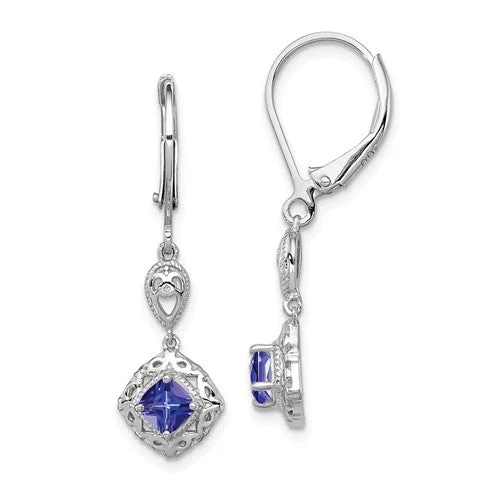 Mixed Metal Drop Earrings-Light Gold Earrings-Sterling Silver Genuine Tanzanite & Diamond Filigree Lever Back Earrings