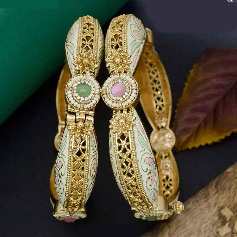 Simple Bangles For Casual Fashion-JCM Gold Plated Pota Stone And Pearls Meenakari Openable Bangles Set