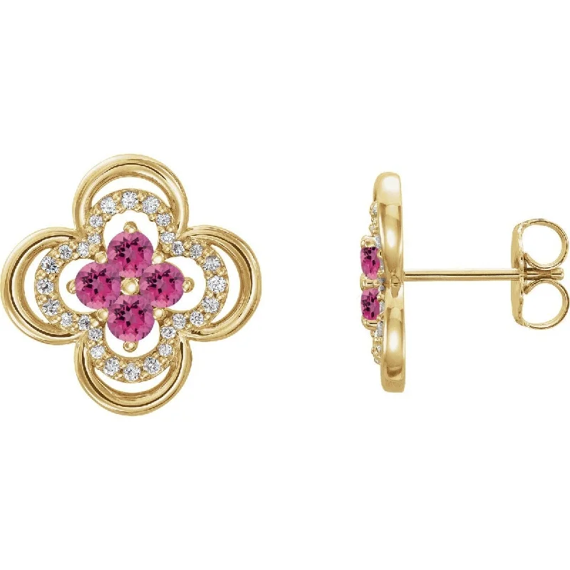 Multi-Color Earrings-Glitter Earrings-14KT GOLD 0.32 CTW PINK TOURMALINE & 1/5 CTW DIAMOND CLOVER EARRINGS