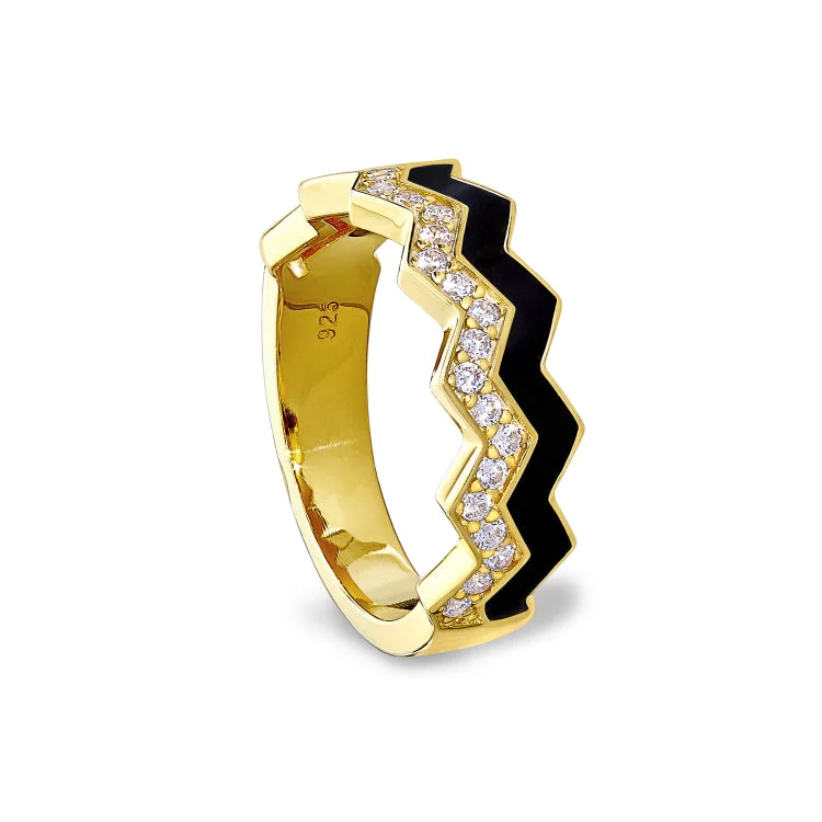 Men'sRings-Gold Vermeil Sterling Silver Micropave Ring with with Black Enamel and Simulated Diamondss