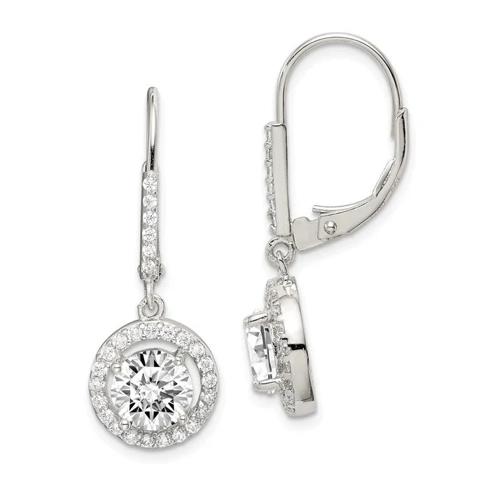 Party Earrings for Women-Classic Earrings-Sterling Silver Round Halo CZ Leverback Earrings