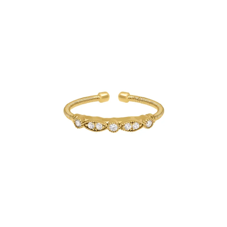 InsectRings-Gold Finish Sterling Silver Cable Cuff Ring with Simulated Diamond Marquis & Round Design