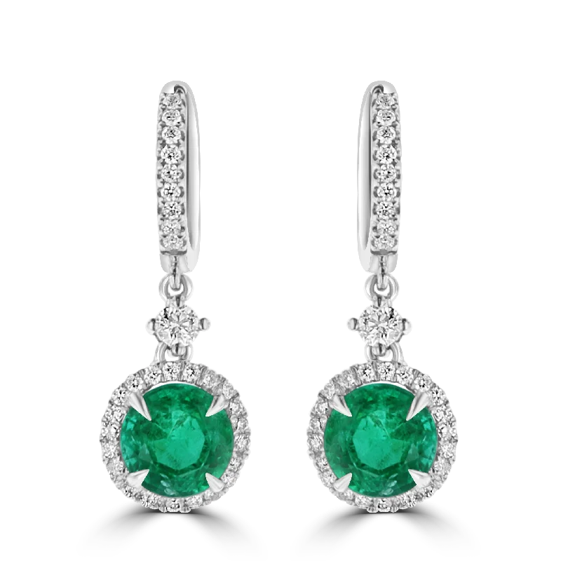 Modern Earrings-Vintage Pearl Earrings-JULEVE 2.69 CTW EMERALD & 0.59 CTW DIAMOND HALO DROP EARRINGS