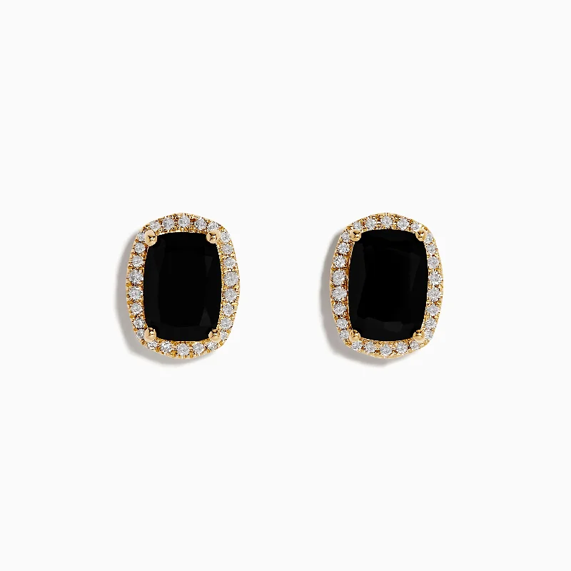 Vintage Pearl Earrings-Small Hoop Earrings-14K Yellow Gold Onyx and Diamond Stud Earrings