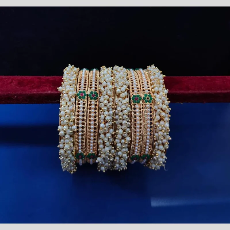 Vintage Style Bangles For Classic Fashion-Pooja Bangles Gold Plated Pearls Bangle  Set