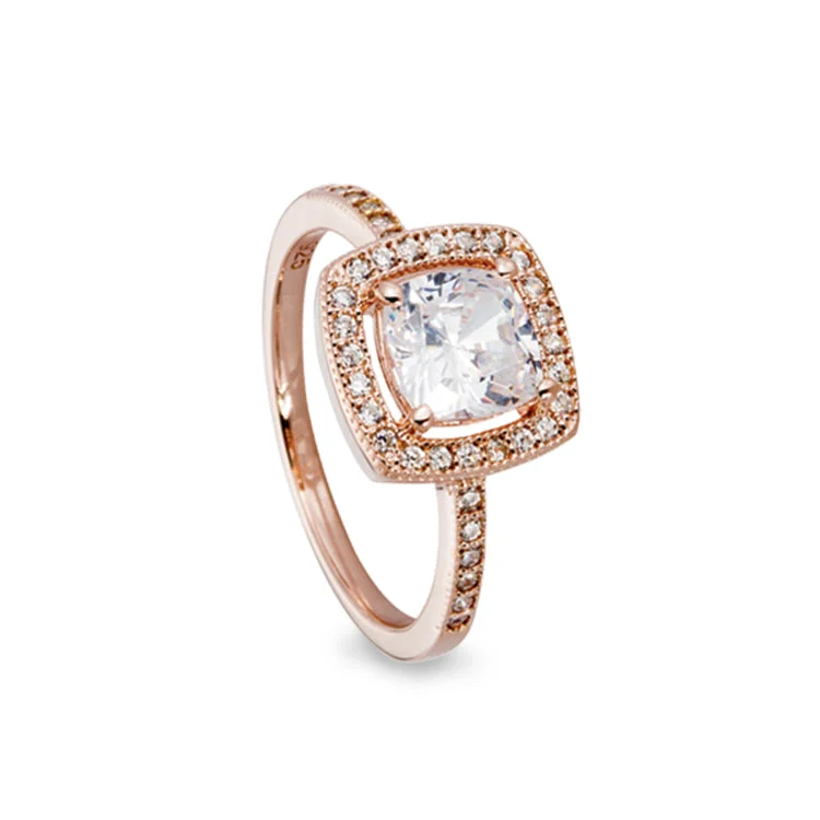 FortuneRings-Rose Gold Finish Sterling Silver Micropave Cushion Cut Ring with 37 Simulated Diamonds