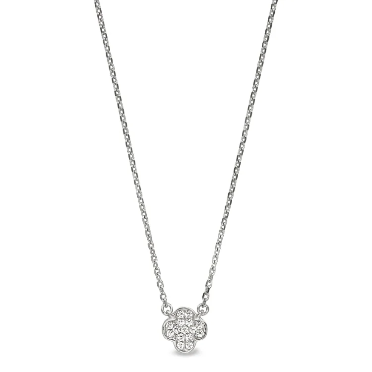 Necklaces for Graduation Gifts-Platinum Finish Sterling Silver Micropave Small Clover Shape Necklace with Simulated Diamonds on 16"-18" Adjustable Chain