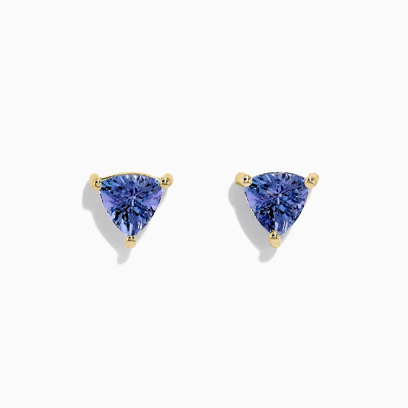 Statement Earrings-Smooth Earrings-14K Yellow Gold Trillion Cut Tanzanite Stud Earrings, 0.65 TCW