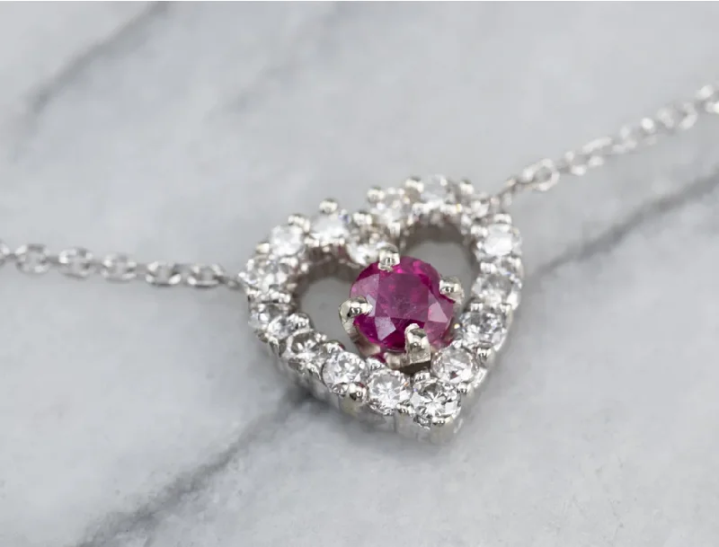 Personalized Heart Necklaces-Ruby and Diamond Heart Necklace