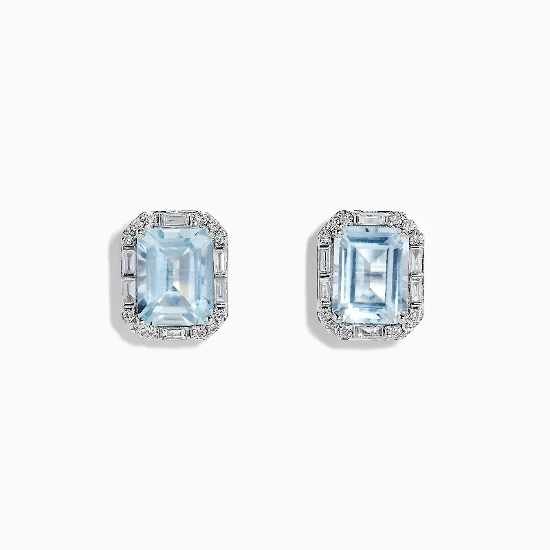 Statement Earrings-Stone Earrings-Aquarius 14K White Gold Diamond and Aquamarine Stud Earrings