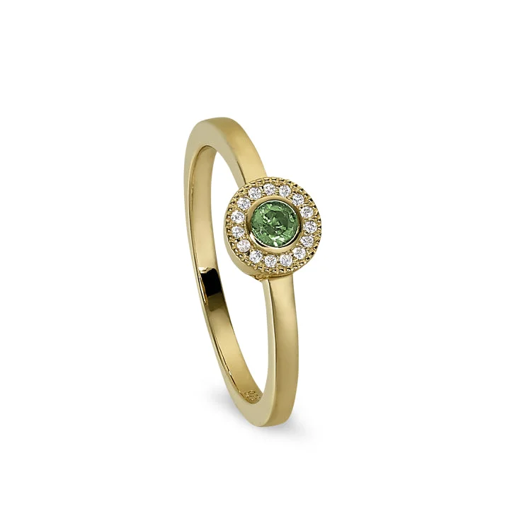 TwistedRings-Gold Finish Sterling Silver Micropave Round Simulated Peridot Ring with Simulated Diamonds Size 7