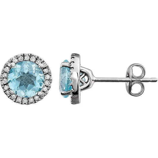 Heart-Shaped Stud Earrings-Triangular Earrings-14KT WHITE GOLD 2.00 CTW BLUE TOPAZ & 0.13 CTW DIAMOND HALO EARRINGS