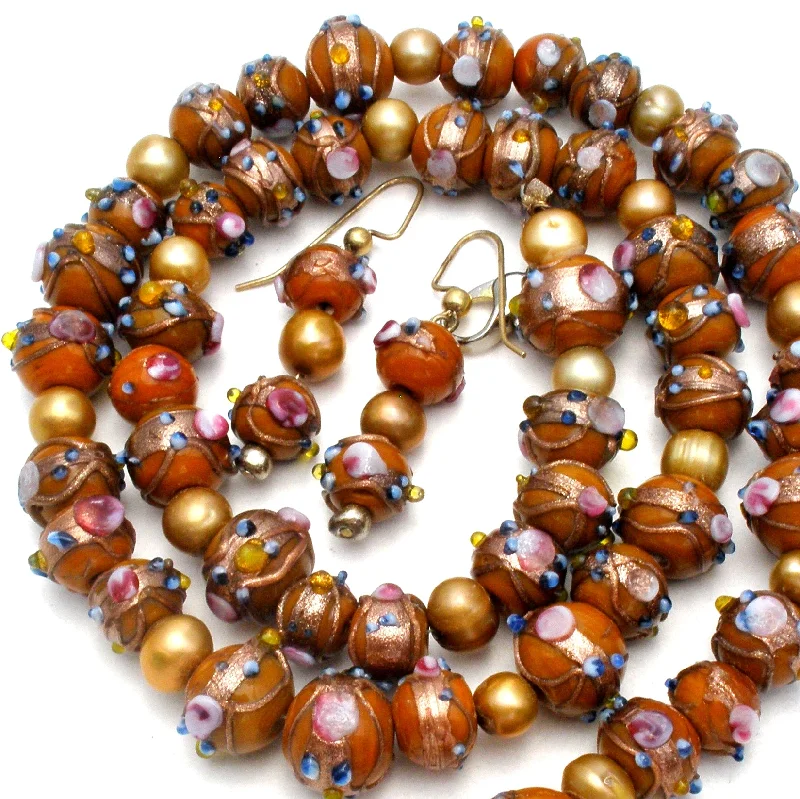 Matching Necklaces for Couples-Venetian Murano Brown Glass Bead Wedding Cake Necklace