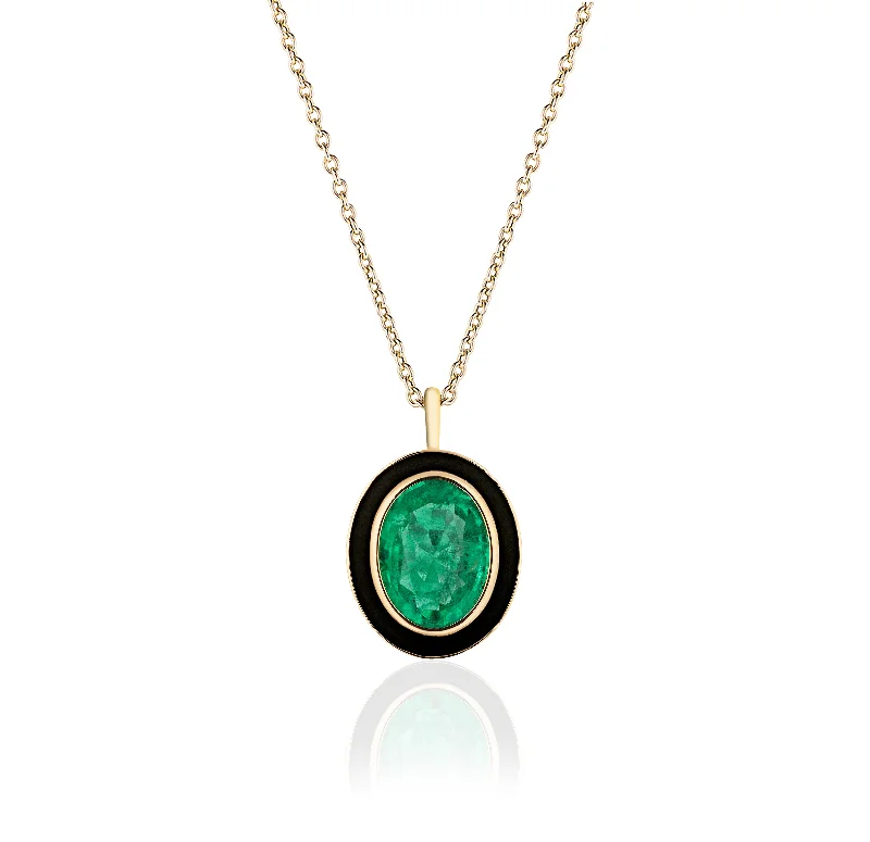 Elegant Pearl Necklace Sets-Emerald Oval Pendant Necklace with Enamel