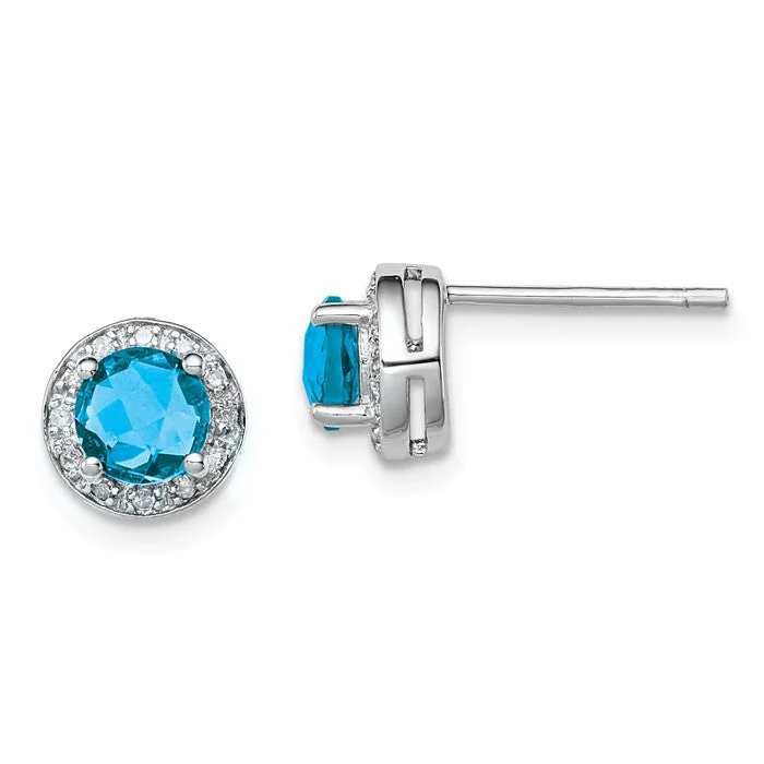 Gold Plated Earrings-Silver Earrings for Men-Sterling Silver Diamond & Swiss Blue Topaz Halo 8mm Stud Earrings