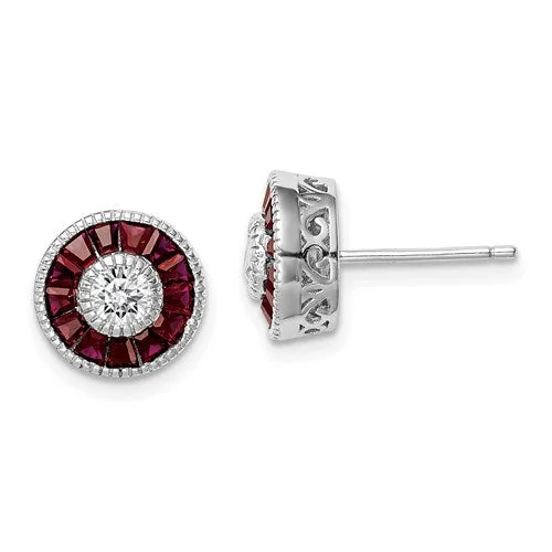 Pure Silver Earrings-Luxury Stud Earrings-Sterling Silver Round Created Ruby & CZ Halo Post Earrings