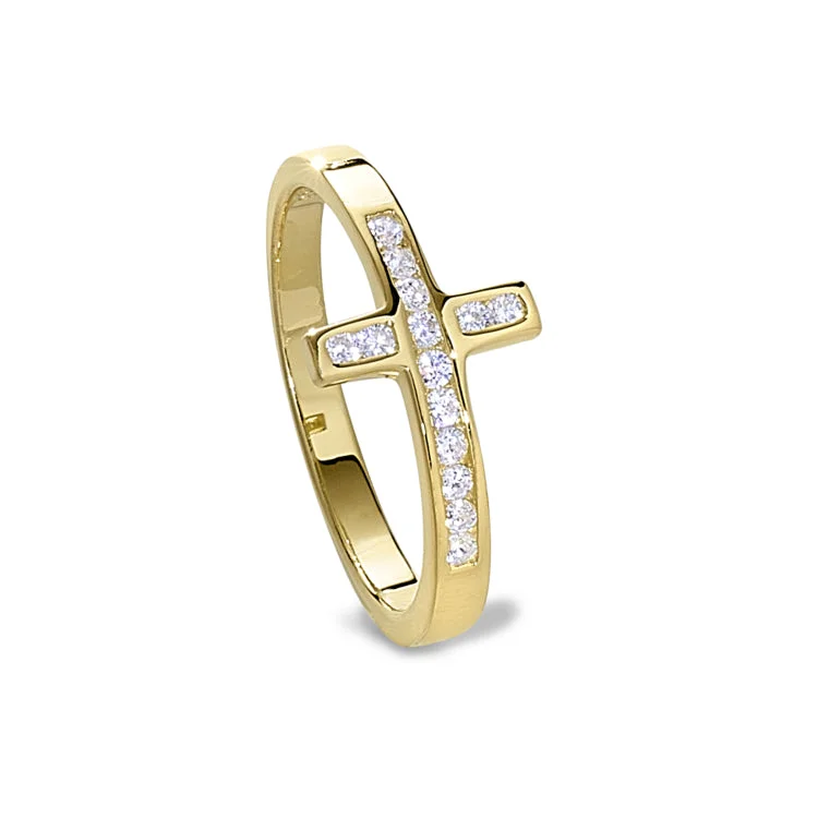 CocktailRings-Gold Finish Sterling Silver Micropave Cross Ring with Simulated Diamonds - size 5