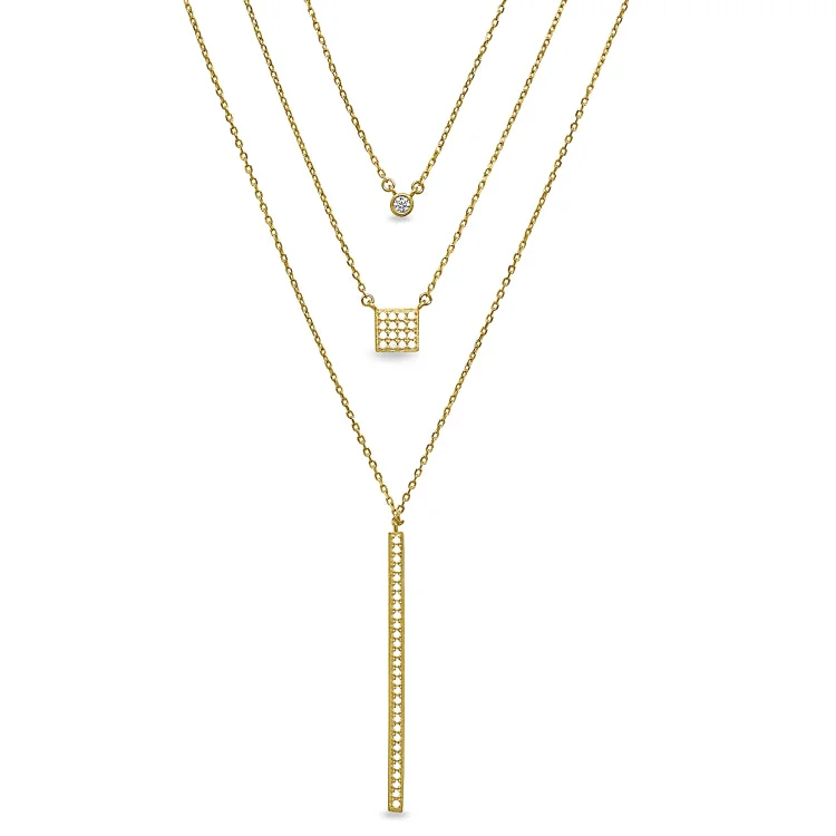 Religious Necklaces for Women-Gold Finish Sterling Silver Micropave Layered Necklace with Simulated Diamonds on 16" - 18" Adjustable Chain