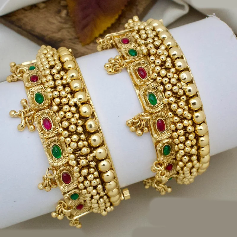 Bangles For Religious Ceremonies-JCM Gold Plated Pota Stone And Pearls Openable Bangles Set