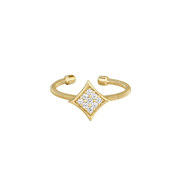 FlowerRings-Gold Finish Sterling Silver Cable Cuff Diamond Shaped Ring with Simulated Diamonds