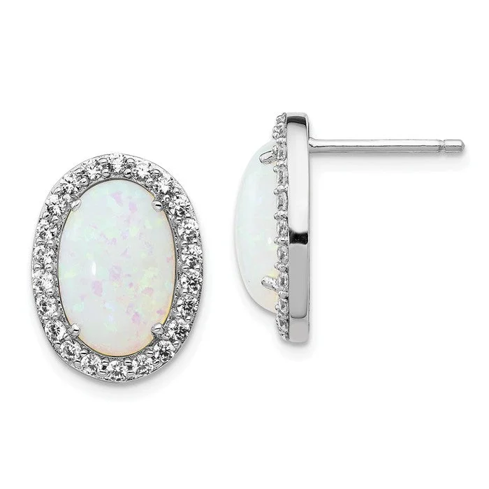 Clear Earrings-Trendy Earrings-Cheryl M Sterling Silver Large Oval Opal And CZ Post Earrings