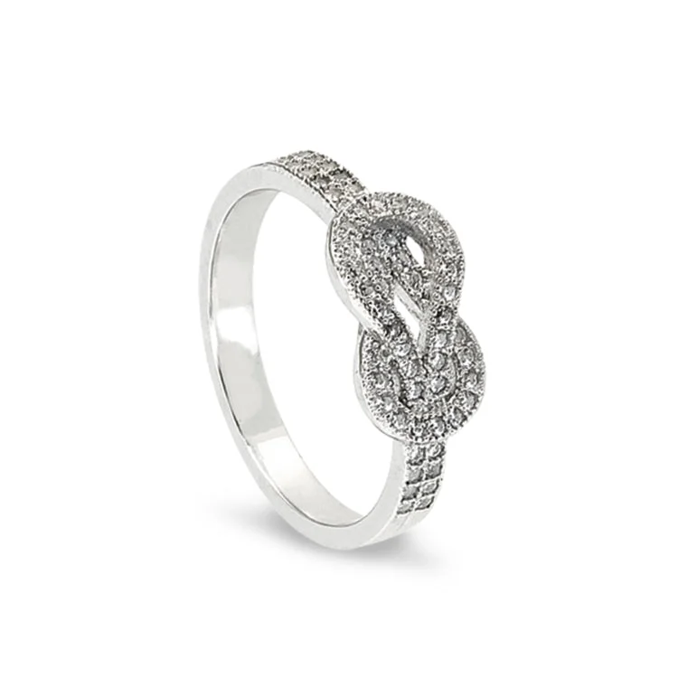 InitialRings-Platinum Finish Sterling Silver Micropave Knot Ring with Simulated Diamonds