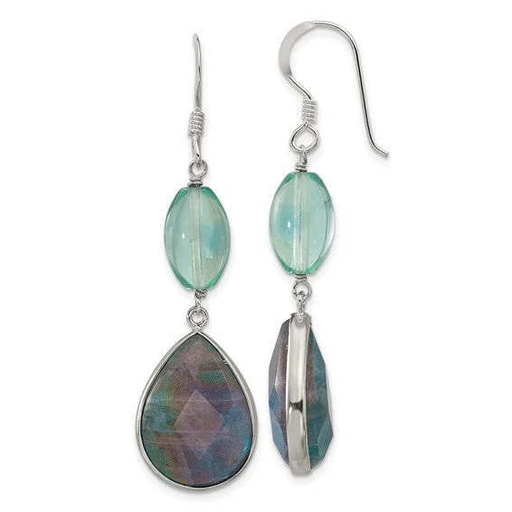 Geometric Earrings for Women-Floral Drop Earrings-Sterling Silver Fluorite and Labradorite Teardrop Dangle Earrings