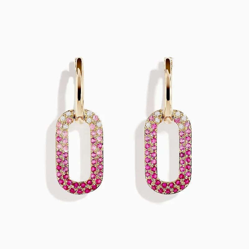 Funky Earrings-Floral Drop Earrings-14K Yellow Gold Pink Sapphire and Diamond Earrings