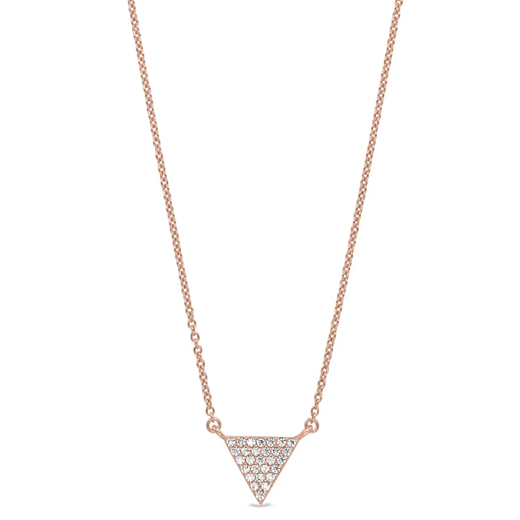 Sparkly Necklaces for Parties-Rose Gold Finish Sterling Silver Micropave Triangle Necklace with Simulated Diamonds on 16"-18" Adjustable Chain