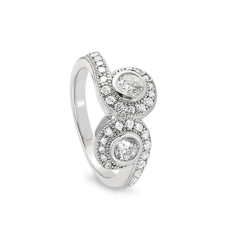 Rings-Platinum Finish Sterling Silver Micropave Swirl Two Stone Ring with Two 120 Facet Simulated Daimonds