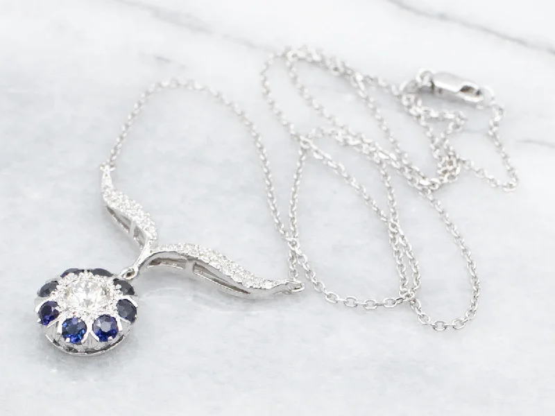 Engraved Gold Necklaces-Modern European Cut Diamond and Sapphire Halo Necklace