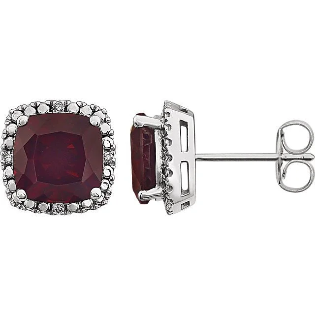 Luxury Diamond Earrings-Elegant Earrings for Women-14KT WHITE GOLD CUSHION GARNET & .06 CTW DIAMOND HALO EARRINGS