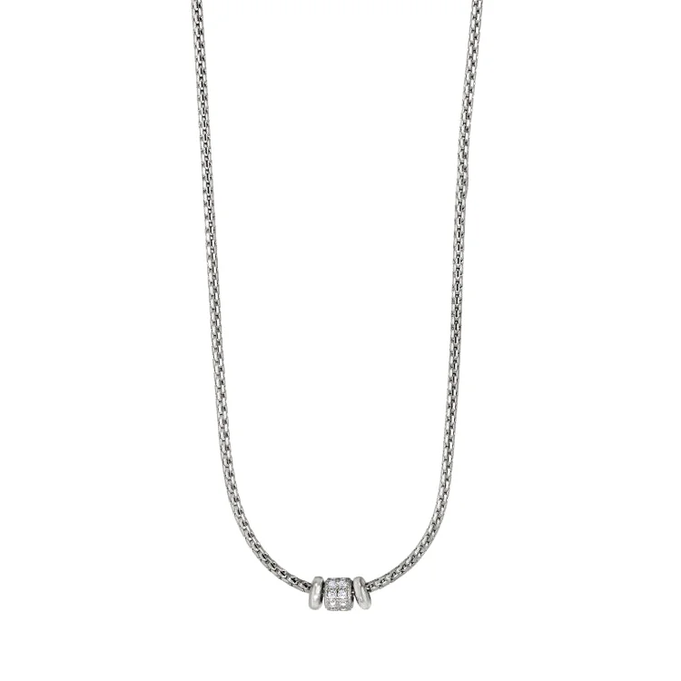 Luxury Pendant Necklaces-Rhodium Finish Sterling Silver Corean Cable Necklace with a Barrell with Simulated Diamonds - Adjustable 16"-18"