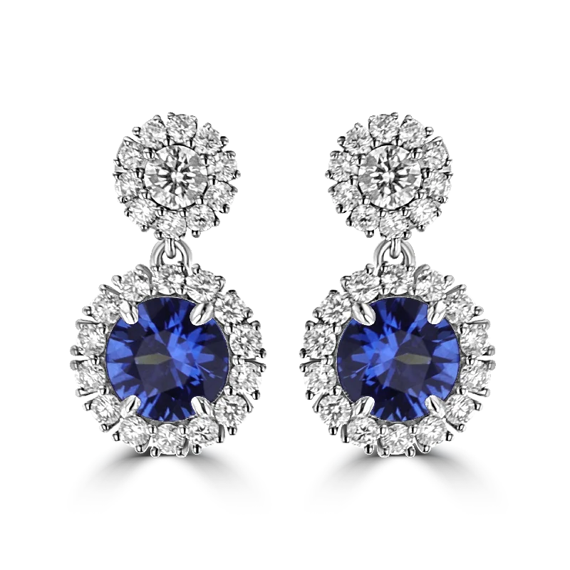 Gold Earrings for Brides-Initial Earrings-JULEVE 3.80 CTW SAPPHIRE & 1.90 CTW DIAMOND HALO DROP EARRINGS