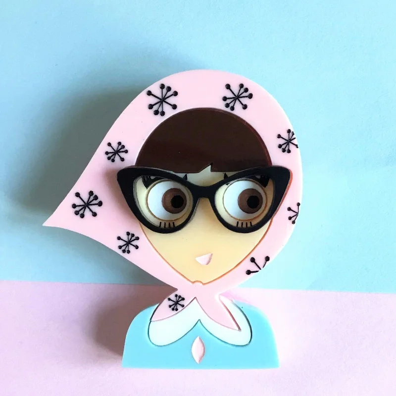 Geometric brooch-ALVA Acrylic Brooch, a girl from the fifties with retro glasses