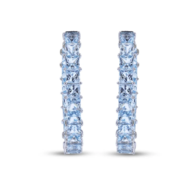 Simple Stud Earrings-Intricate Earrings-18KT WHITE GOLD 13.41CTW AQUAMARINE OVAL HOOP EARRINGS