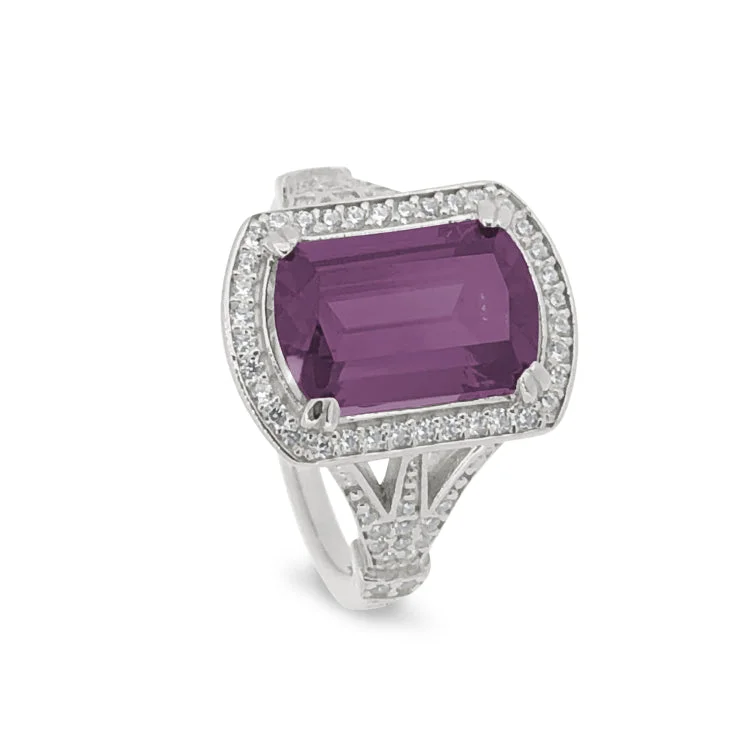 AnniversaryRings-Platinum Finish Sterling Silver Micropave Emerald Cut Pink Stone Ring with Simulated Diamongs