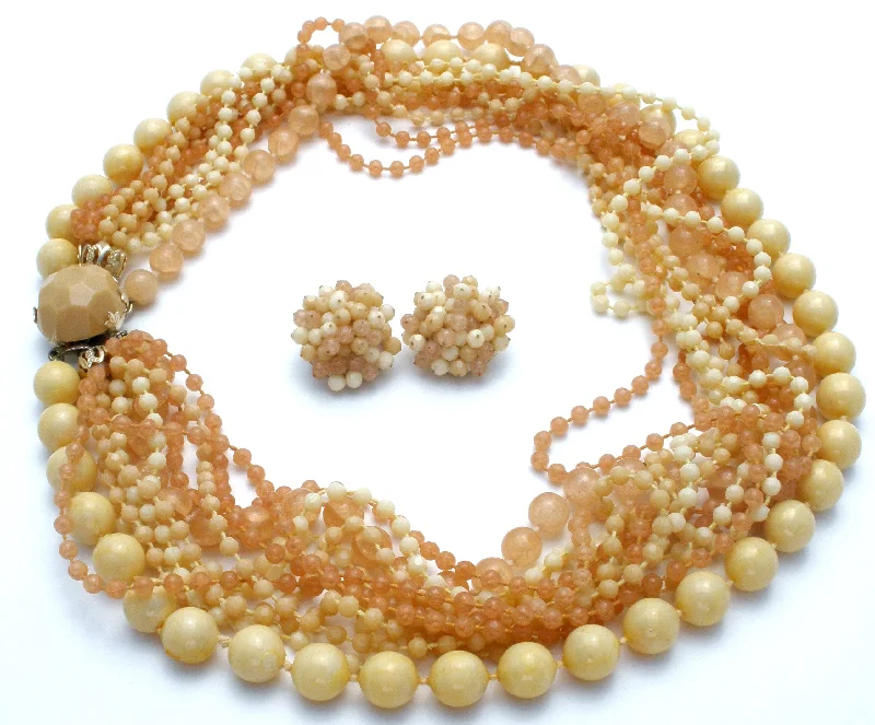 Stylish Choker Necklaces-Cream & Beige Multi Strand Bead Necklace Set Vintage