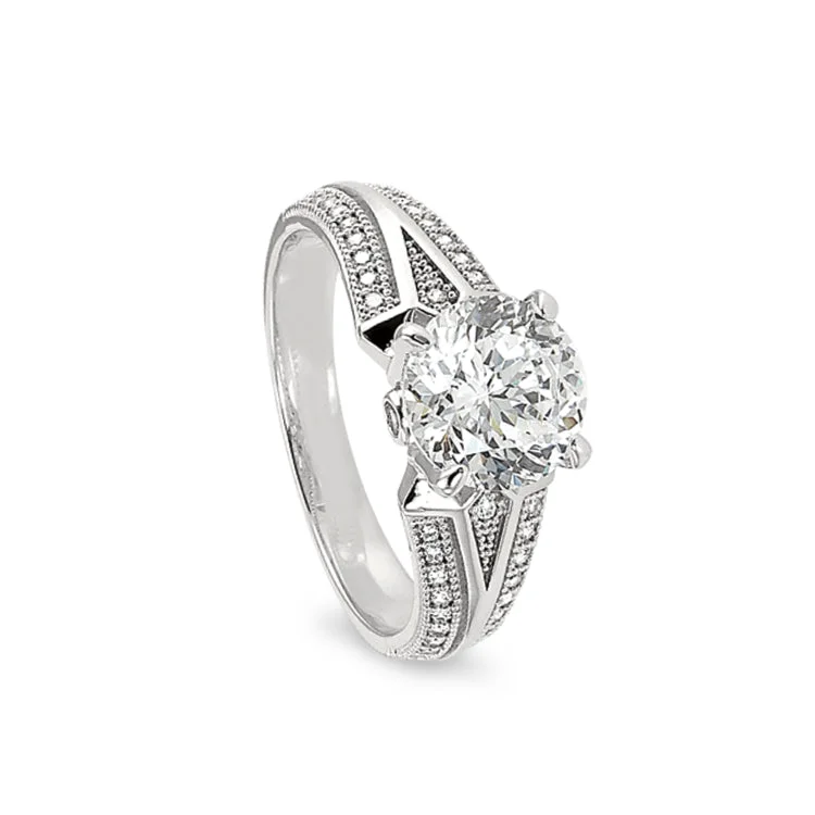 AdventureRings-Platinum Finish Sterling Silver Micropave V Shaped Band Engagement Ring with 100 Facet Simulated Daimond