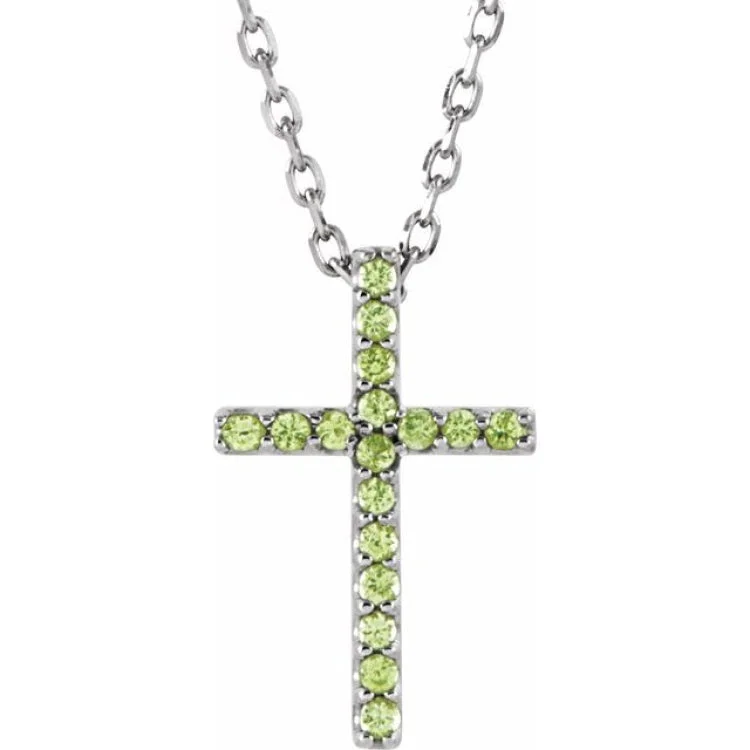 Gemstone Bead Necklaces-14K White Natural Peridot Petite Cross 16" Necklace