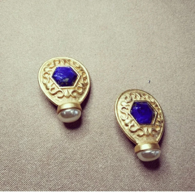 Handcrafted Drop Earrings-Birthday Stud Earrings-Lapis pearl Earrings by Rima Ariss Green Clip On Gold