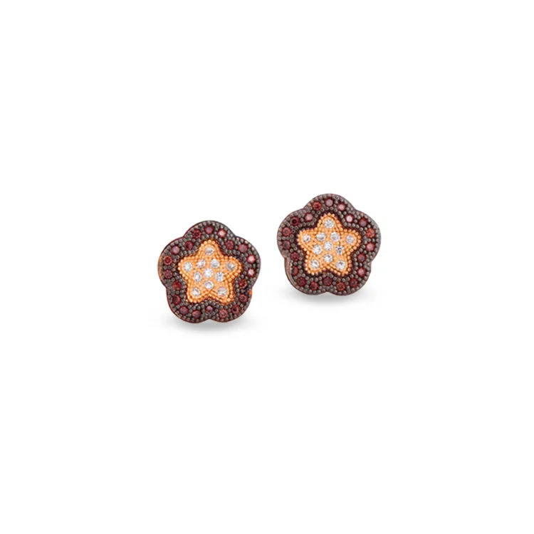 Minimalist Stud Earrings-Round Drop Earrings-Black Rhodium & Gold Finish Sterling Silver Micropave Flower Earrings with 62 Brown and White Simulated Diamonds