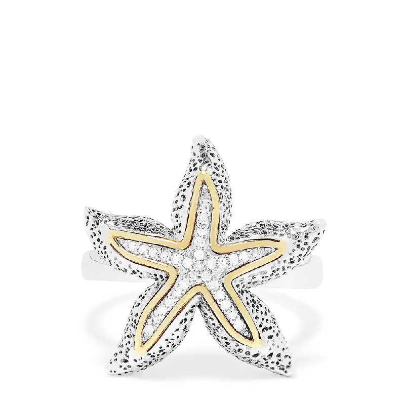 GrandmotherRings-Sterling Silver & 18K Gold Accented Diamond Starfish Ring, 0.10 TCW